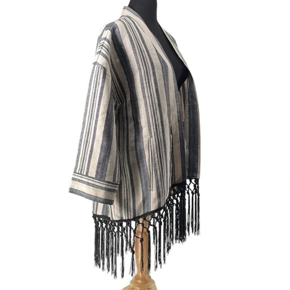 Zara Ecru Neutral Striped Boho 3/4 Sleeves Fringe Kimono festival Jacket sz sm - Picture 4 of 11